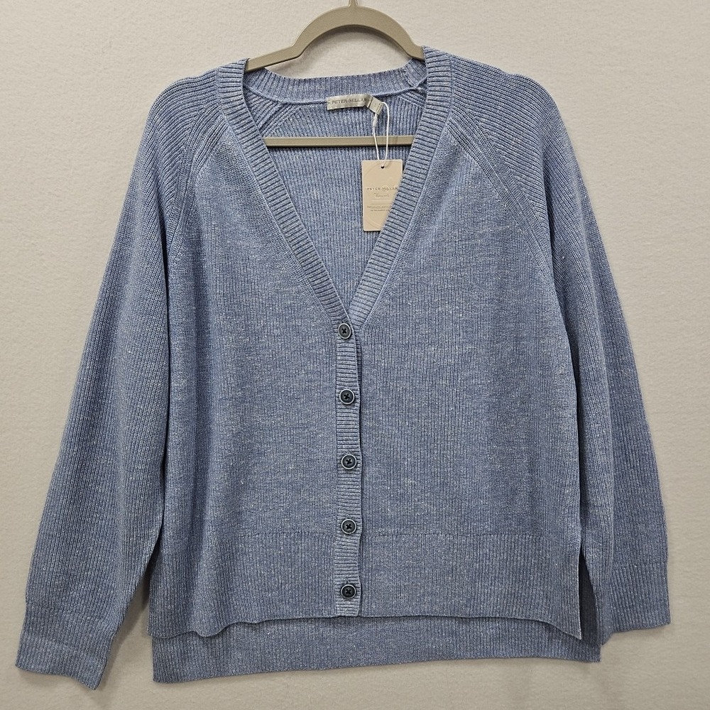 Peter Millar Women L Merino Wool Linen Blue Heron Seymour Shaker Stitch Cardigan